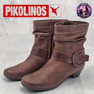 Pikolinos Brujas Ankle Boots Women 8.5 Brown Leather Slouchy Buckle Kitten Heel